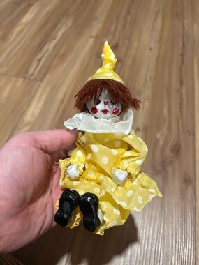 Yellow Polka Dot Clown Doll Ceramic Pose able Limbs
